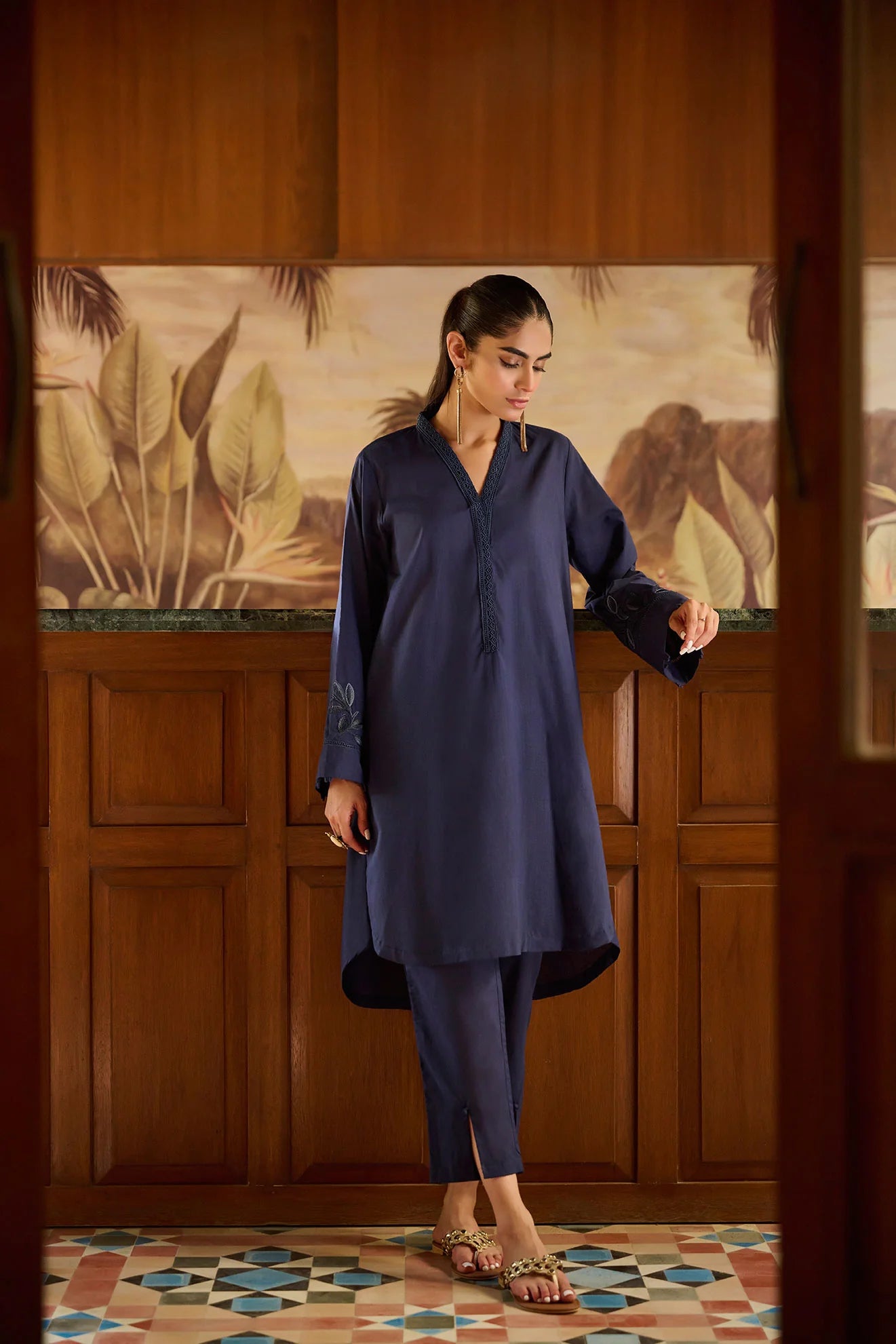 DHANAK SOLIDS | DC-2172 NAVY BLUE 2PCS EMBROIDERED KURTA WITH TROUSER