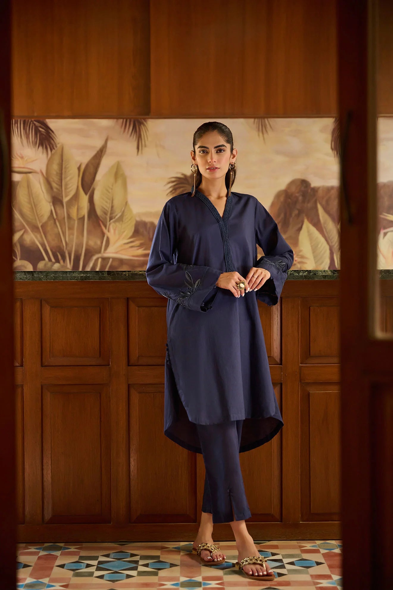 DHANAK SOLIDS | DC-2172 NAVY BLUE 2PCS EMBROIDERED KURTA WITH TROUSER
