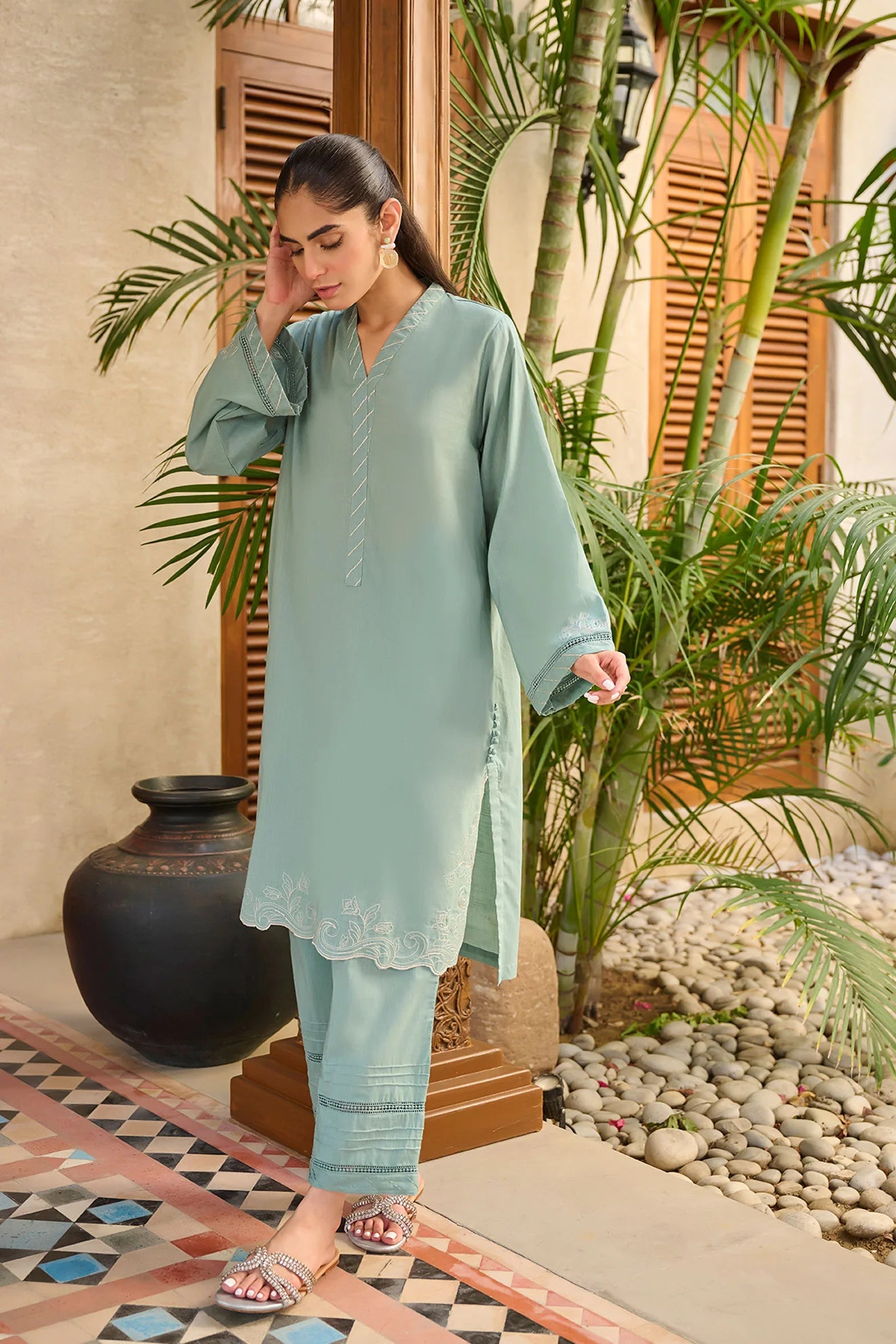 DHANAK SOLIDS | DC-2174 L-GREEN 2PCS EMBROIDERED KURTA WITH TROUSER