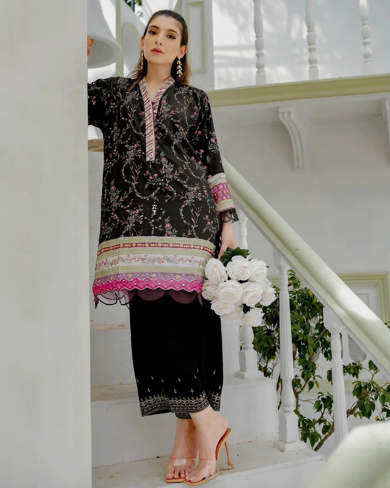 DC-2240 BLACK 2PCS HAND EMBELLISHED SHIRT WITH TROUSER