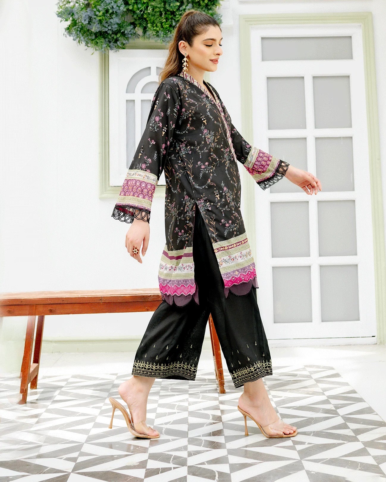 DC-2240 BLACK 2PCS HAND EMBELLISHED SHIRT WITH TROUSER