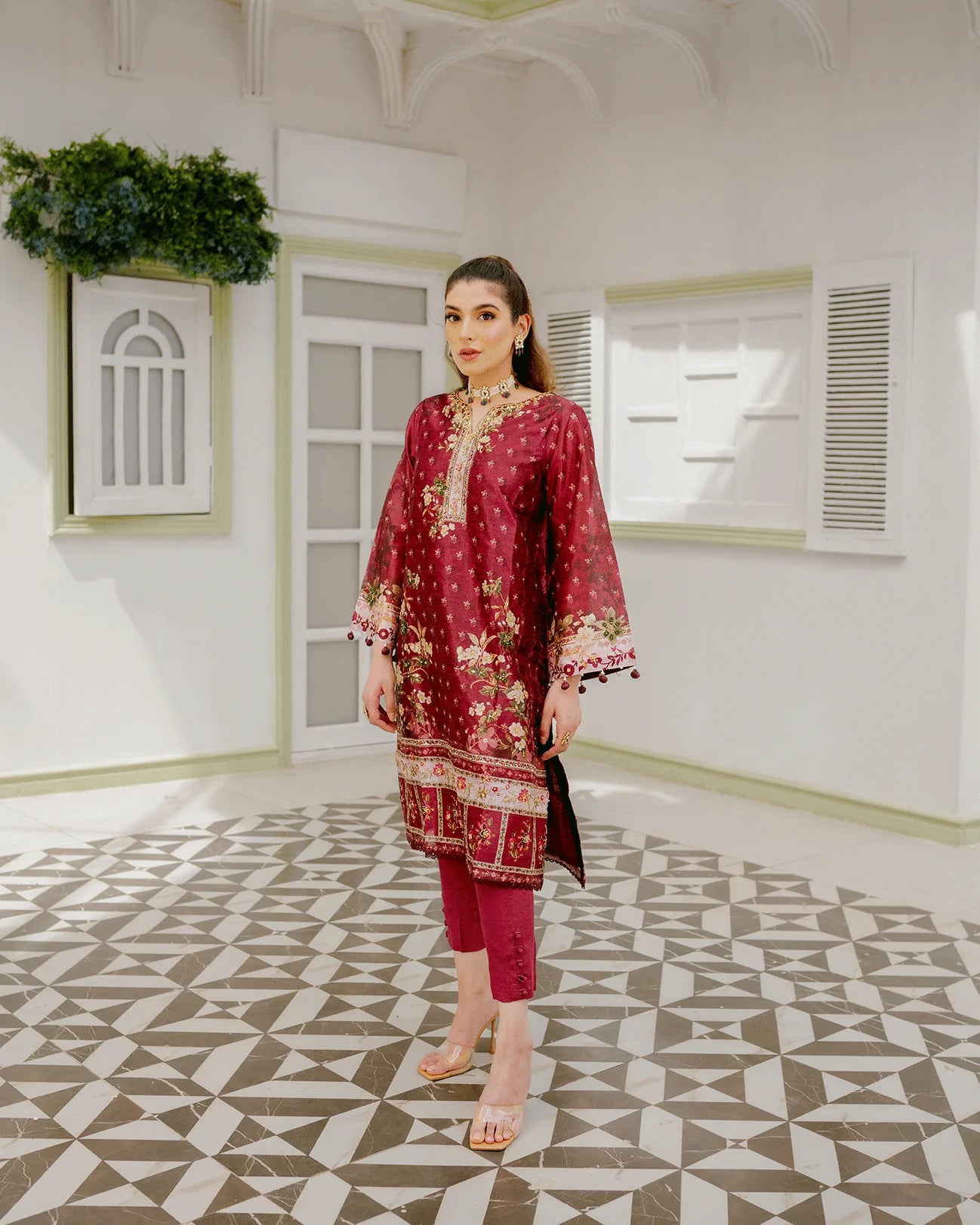 DC-2241 MAROON 2PCS HAND EMBELLISHED SHIRT WITH TROUSER