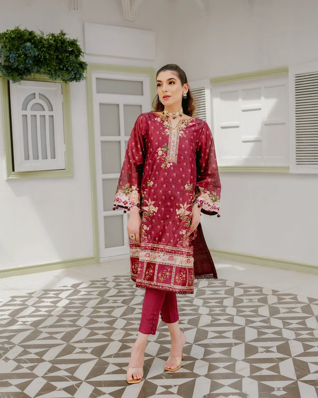 DC-2241 MAROON 2PCS HAND EMBELLISHED SHIRT WITH TROUSER
