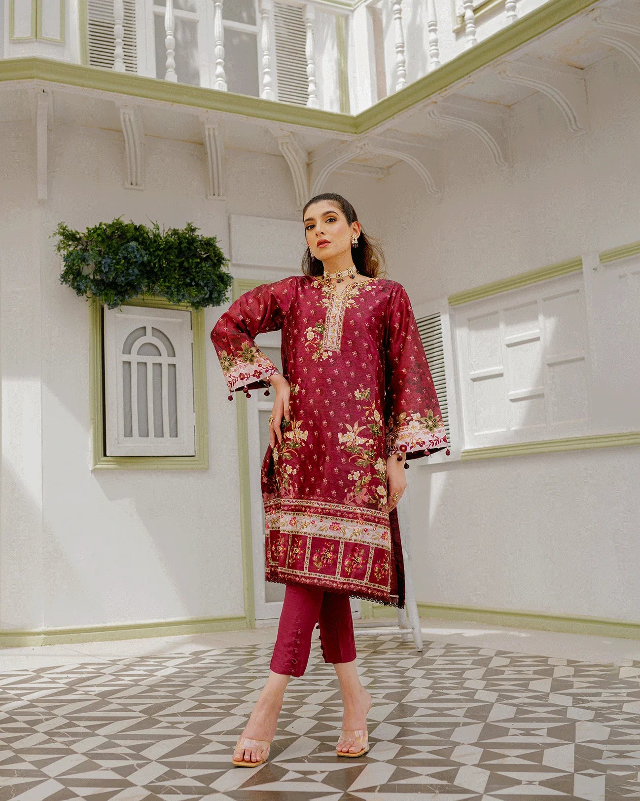 DC-2241 MAROON 2PCS HAND EMBELLISHED SHIRT WITH TROUSER