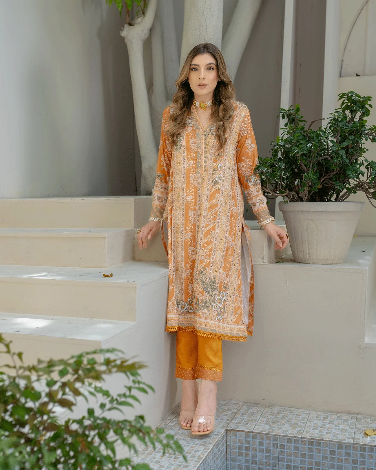 DC-2242 MUSTARD 2PCS HAND EMBELLISHED SHIRT WITH TROUSER
