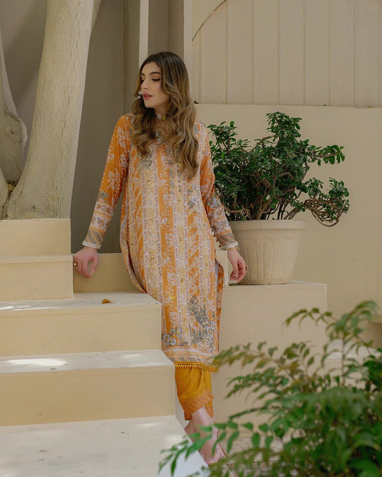 DC-2242 MUSTARD 2PCS HAND EMBELLISHED SHIRT WITH TROUSER