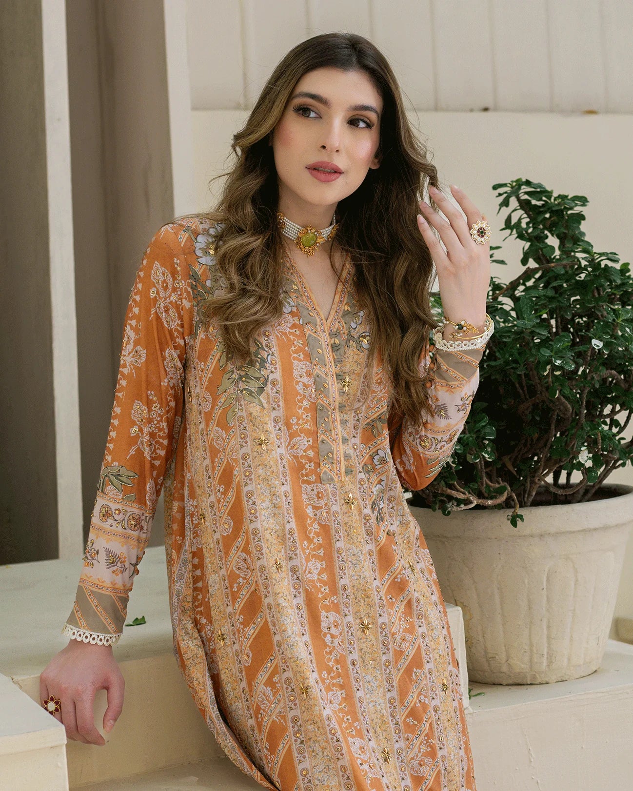 DC-2242 MUSTARD 2PCS HAND EMBELLISHED SHIRT WITH TROUSER