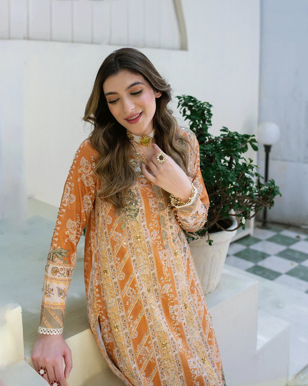 DC-2242 MUSTARD 2PCS HAND EMBELLISHED SHIRT WITH TROUSER