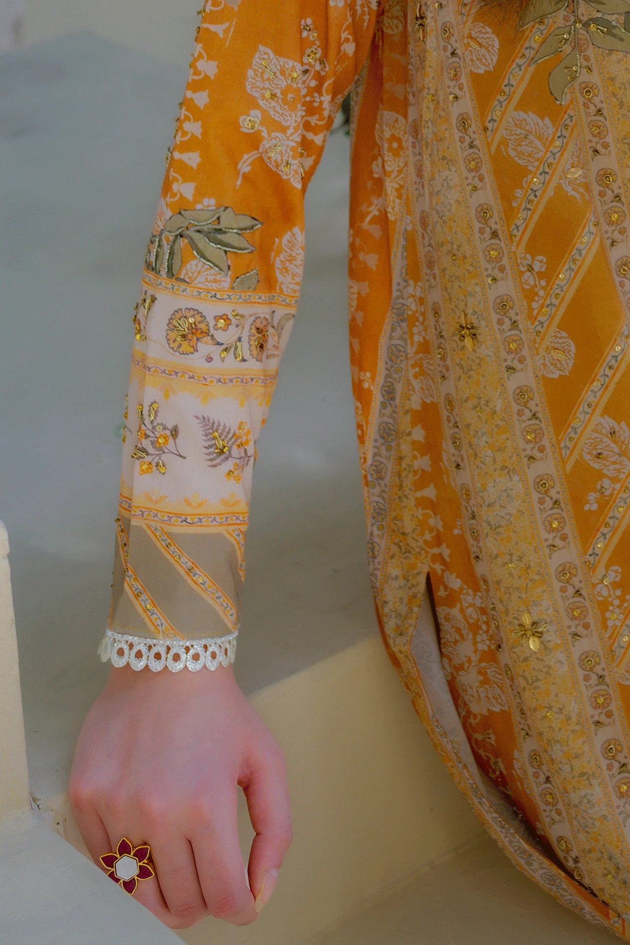 DC-2242 MUSTARD 2PCS HAND EMBELLISHED SHIRT WITH TROUSER