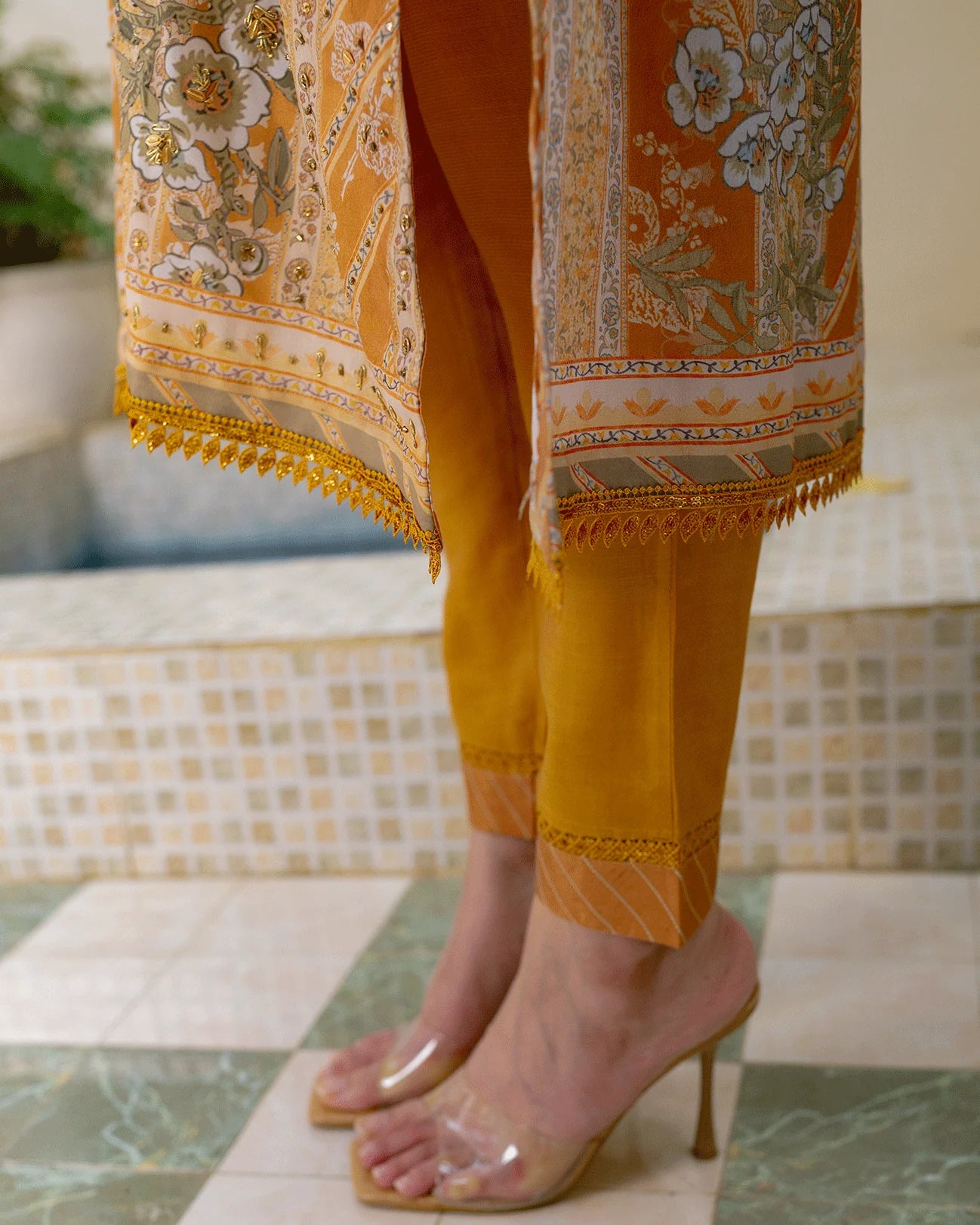 DC-2242 MUSTARD 2PCS HAND EMBELLISHED SHIRT WITH TROUSER