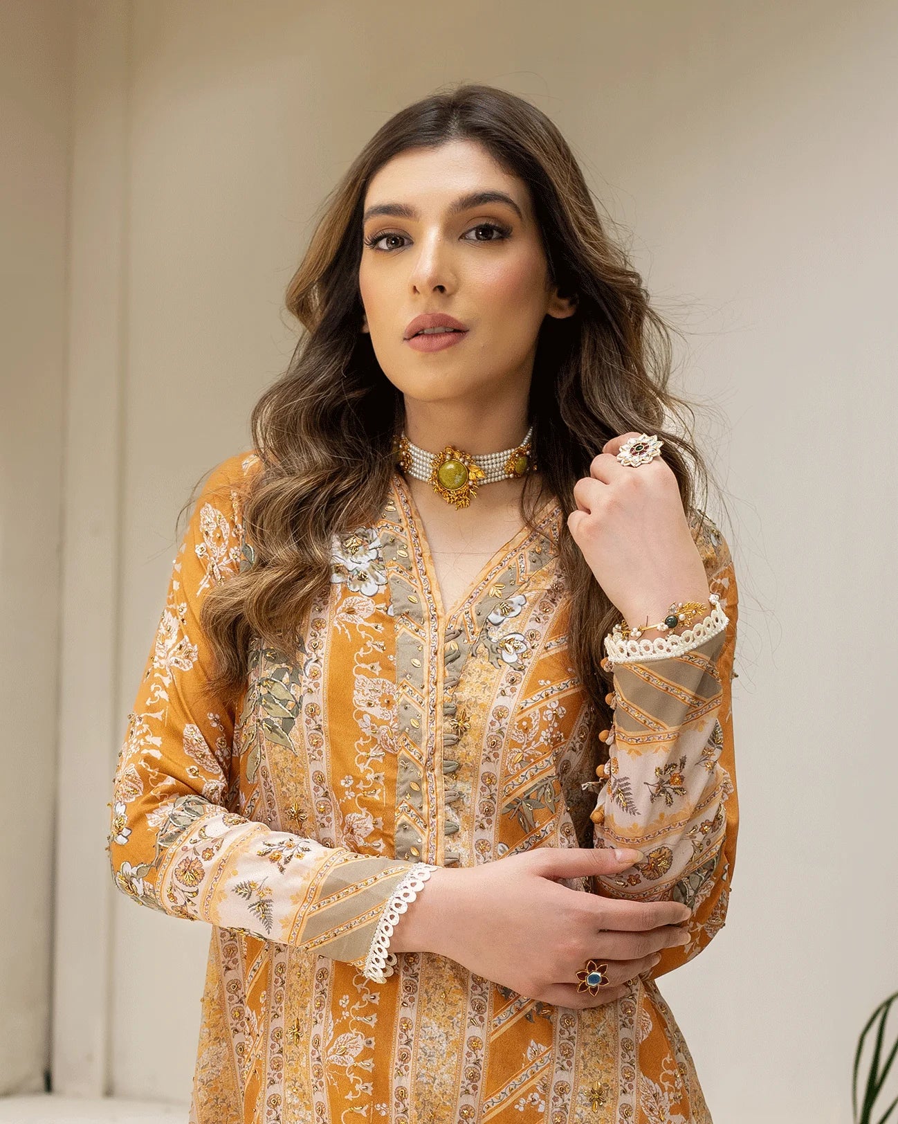 DC-2242 MUSTARD 2PCS HAND EMBELLISHED SHIRT WITH TROUSER