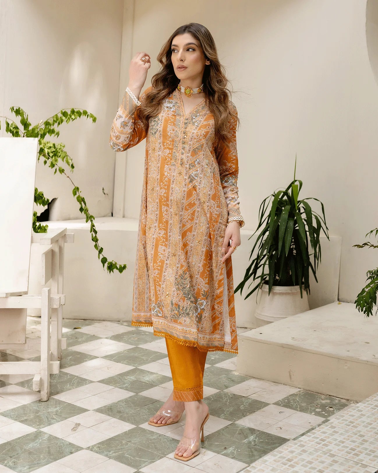 DC-2242 MUSTARD 2PCS HAND EMBELLISHED SHIRT WITH TROUSER