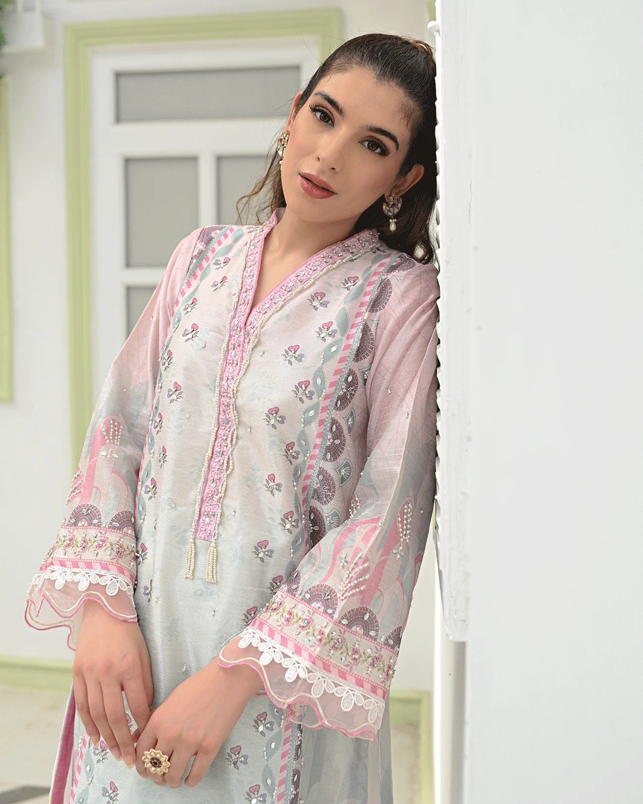 DC-2243 PINK 2PCS HAND EMBELLISHED SHIRT WITH TROUSER