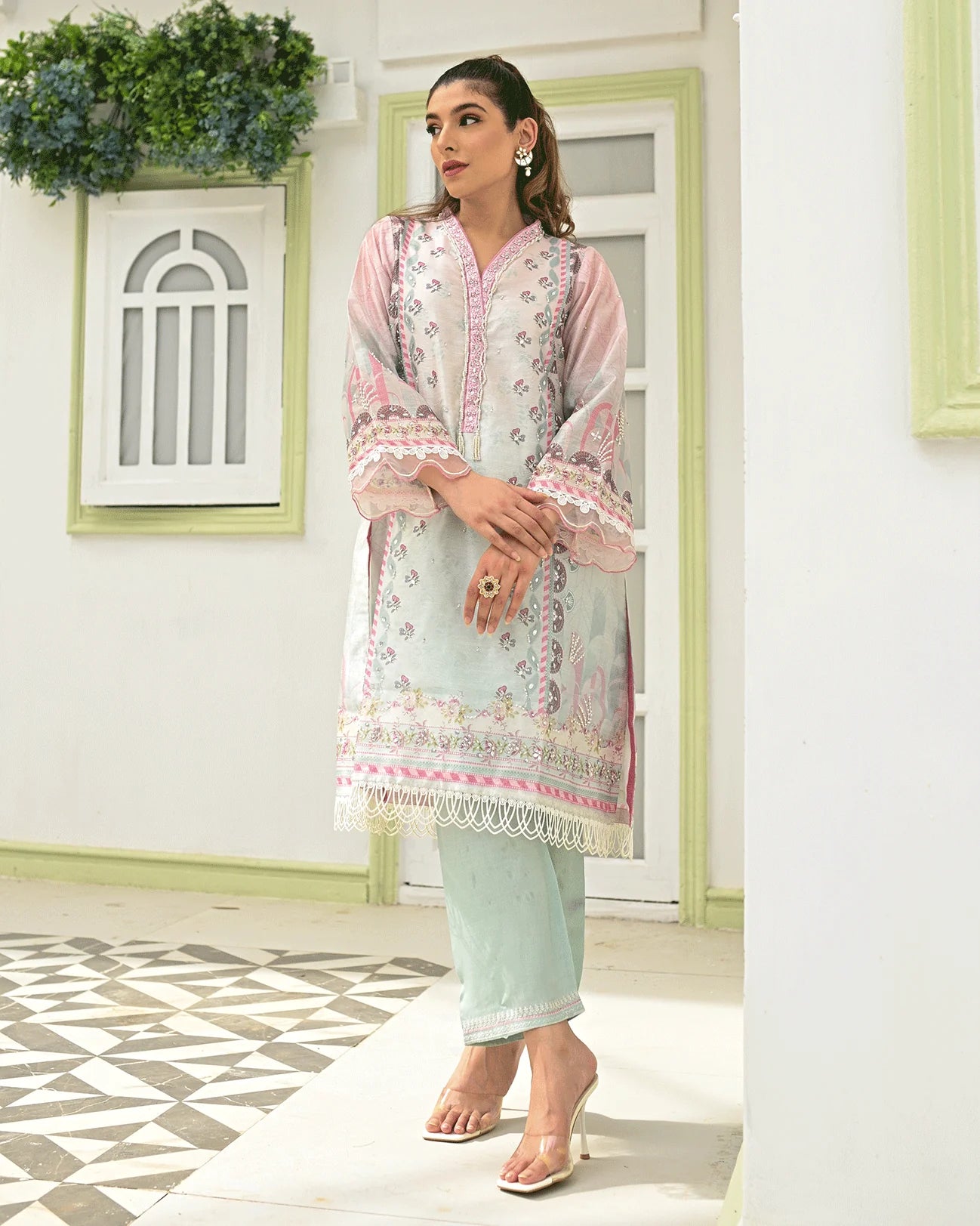 DC-2243 PINK 2PCS HAND EMBELLISHED SHIRT WITH TROUSER