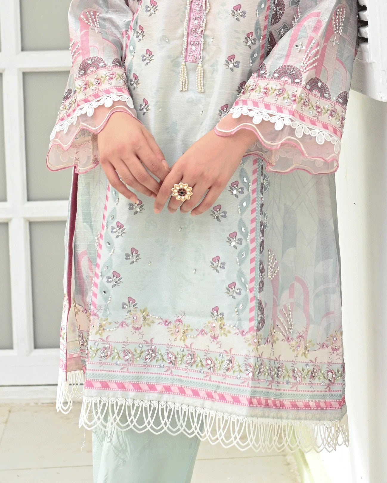 DC-2243 PINK 2PCS HAND EMBELLISHED SHIRT WITH TROUSER
