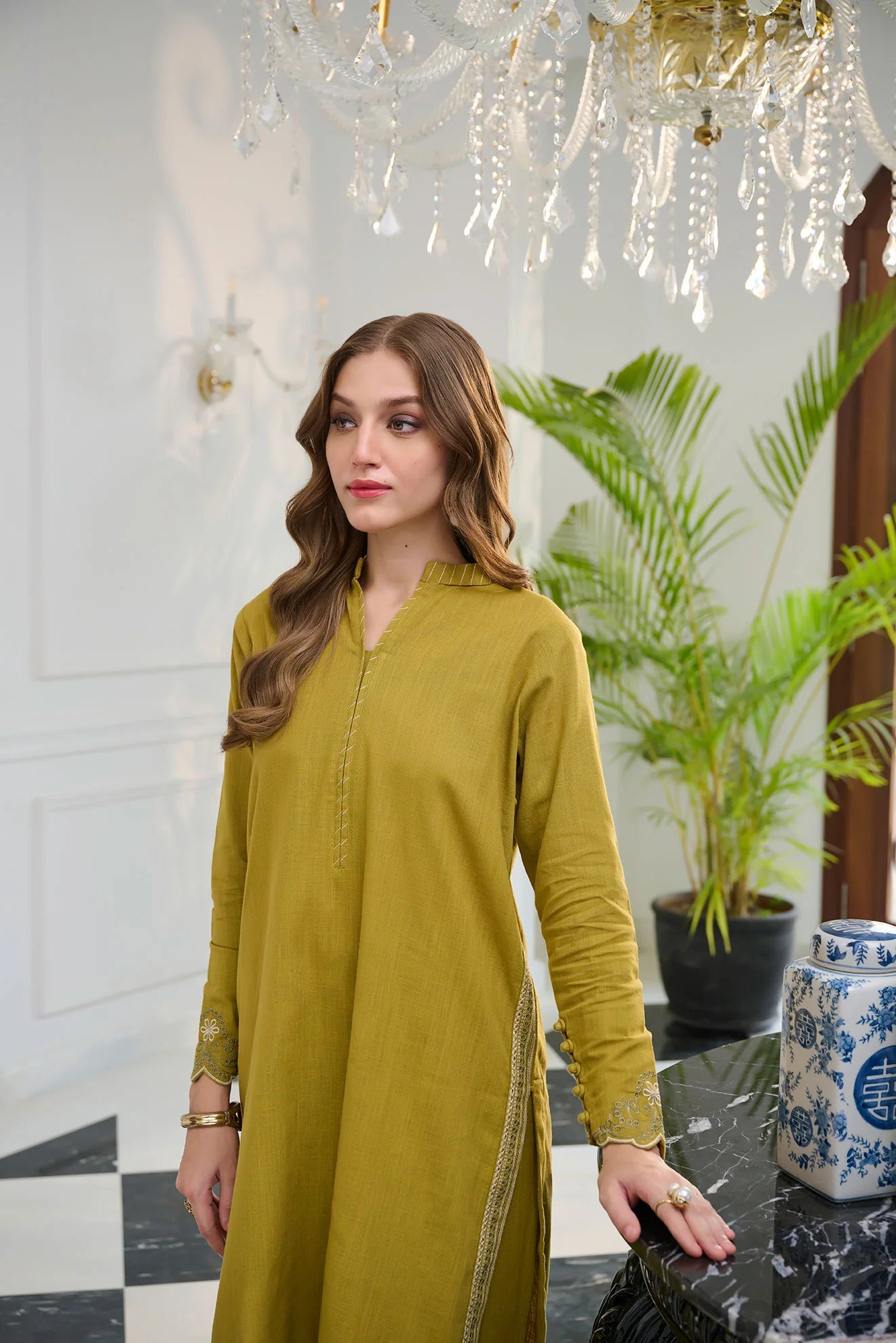 DC-2250 GREEN 2PCS EMBROIDERED KURTA WITH TROUSER