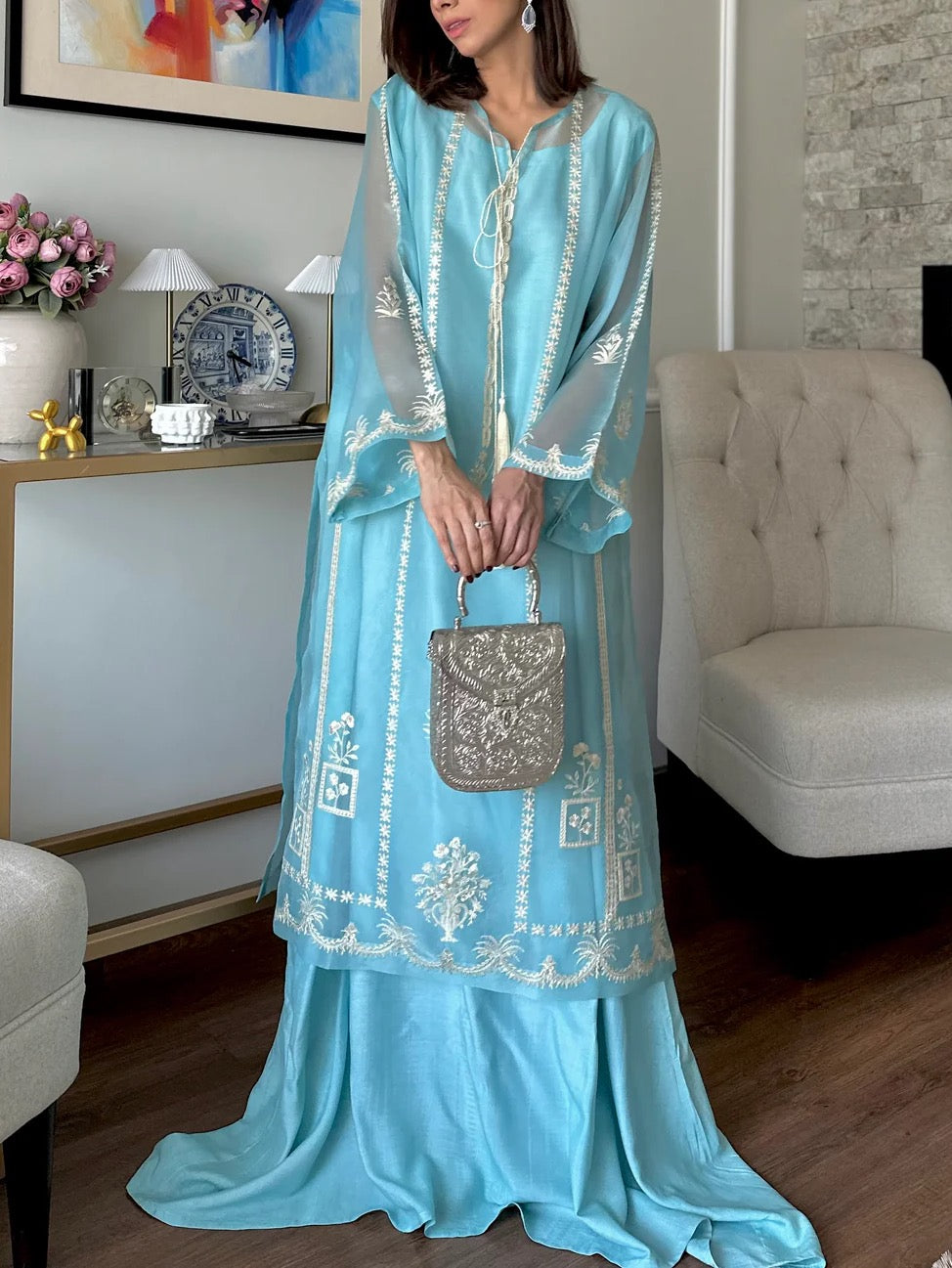 TEAL WHISPER FESTIVE EMBROIDERED SUIT