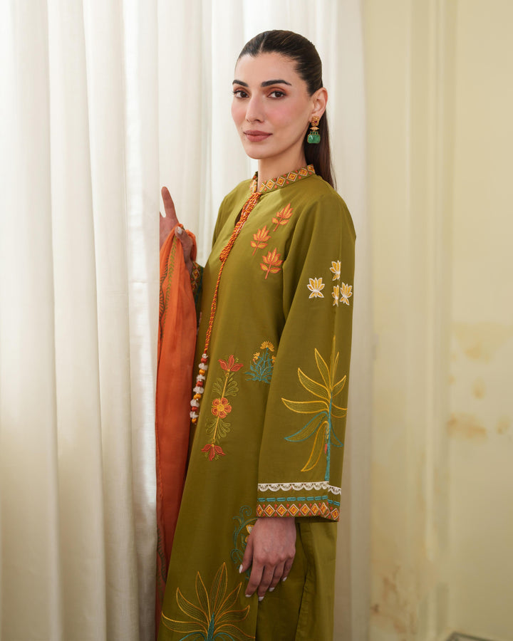 MALINA MUSTARD GREEN LUXURY EMBROIDERED LAWN SET