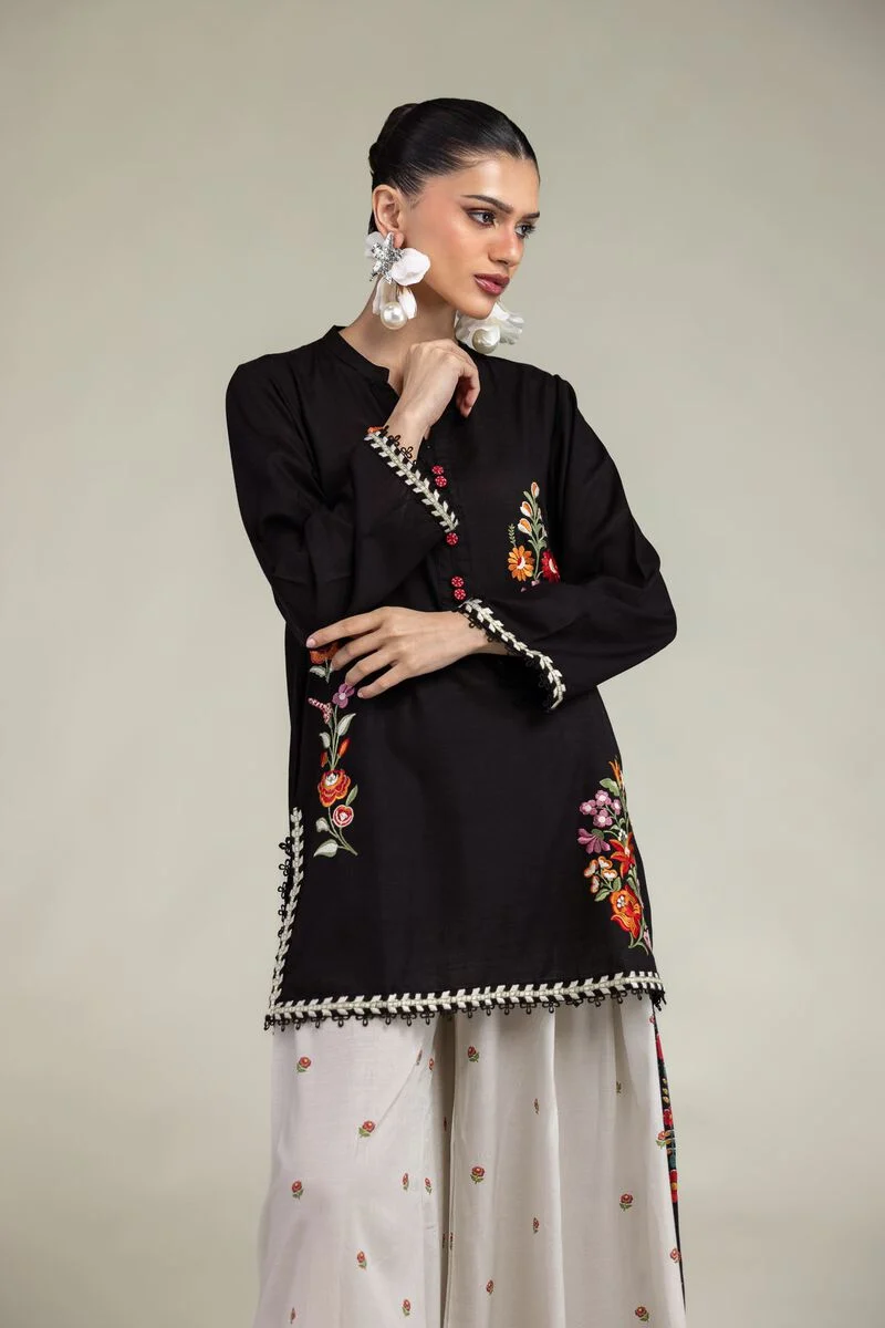 BLACK FLORAL EMBROIDERED RAW SILK SUIT
