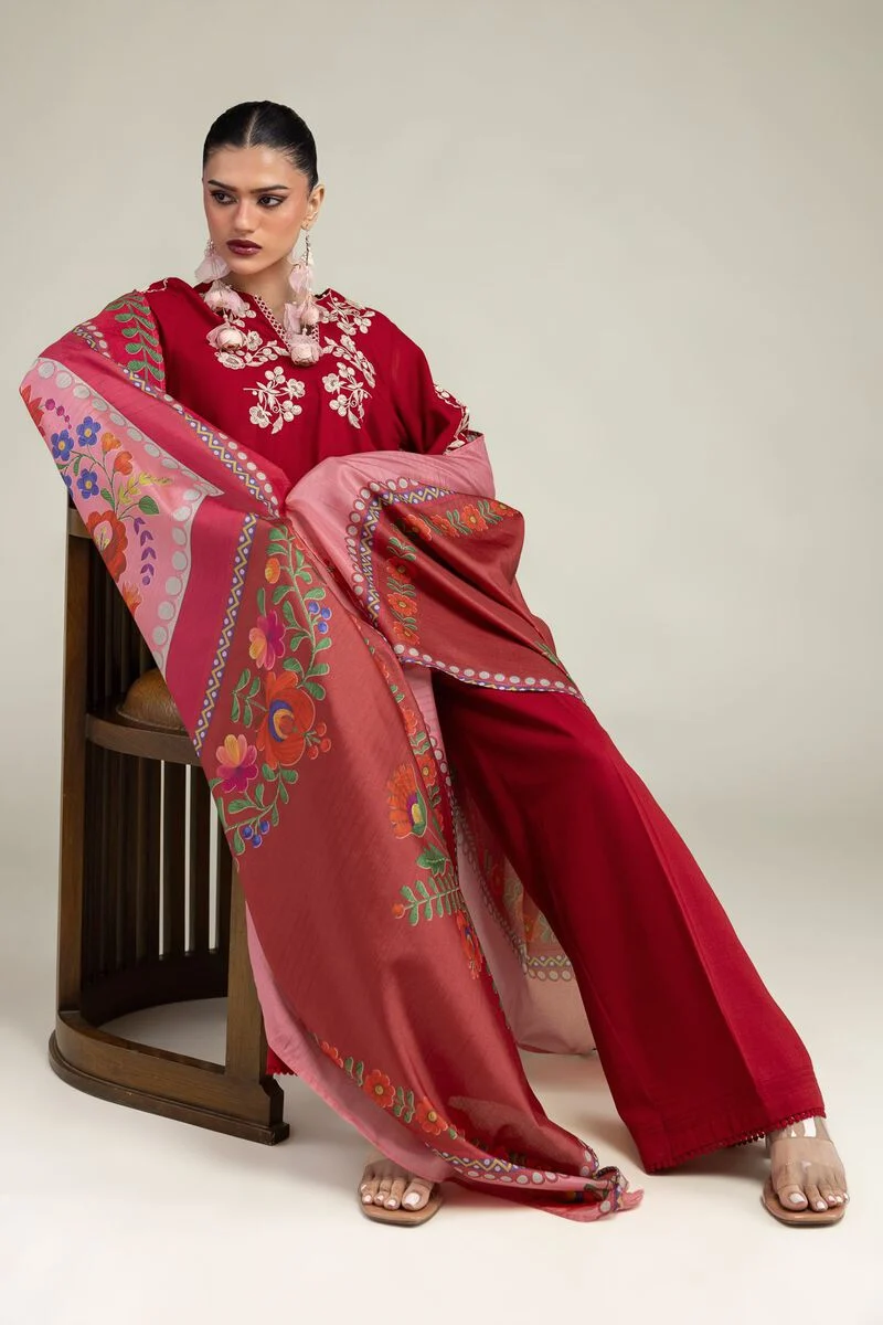 RED FLORAL EMBROIDERED POLYESTER SILK SUIT