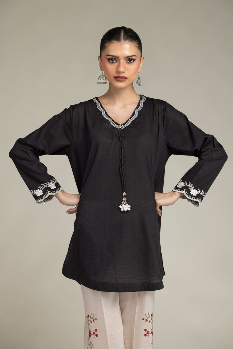 BLACK V NECK FKORAL KURTA AND PANTS (1-26-225-A-J1)