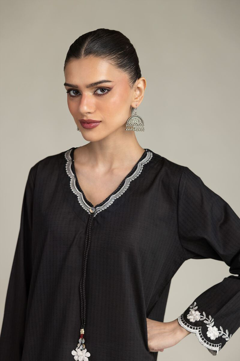 BLACK V NECK FKORAL KURTA AND PANTS (1-26-225-A-J1)