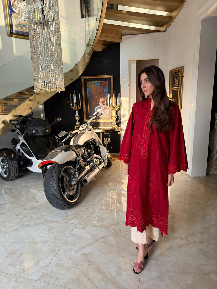 RED PETUNIA MAROON SCHIFFLI CO-ORD SET