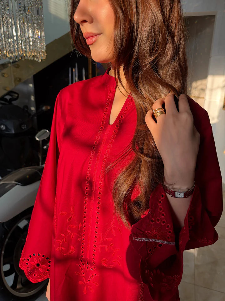 RED PETUNIA MAROON SCHIFFLI CO-ORD SET