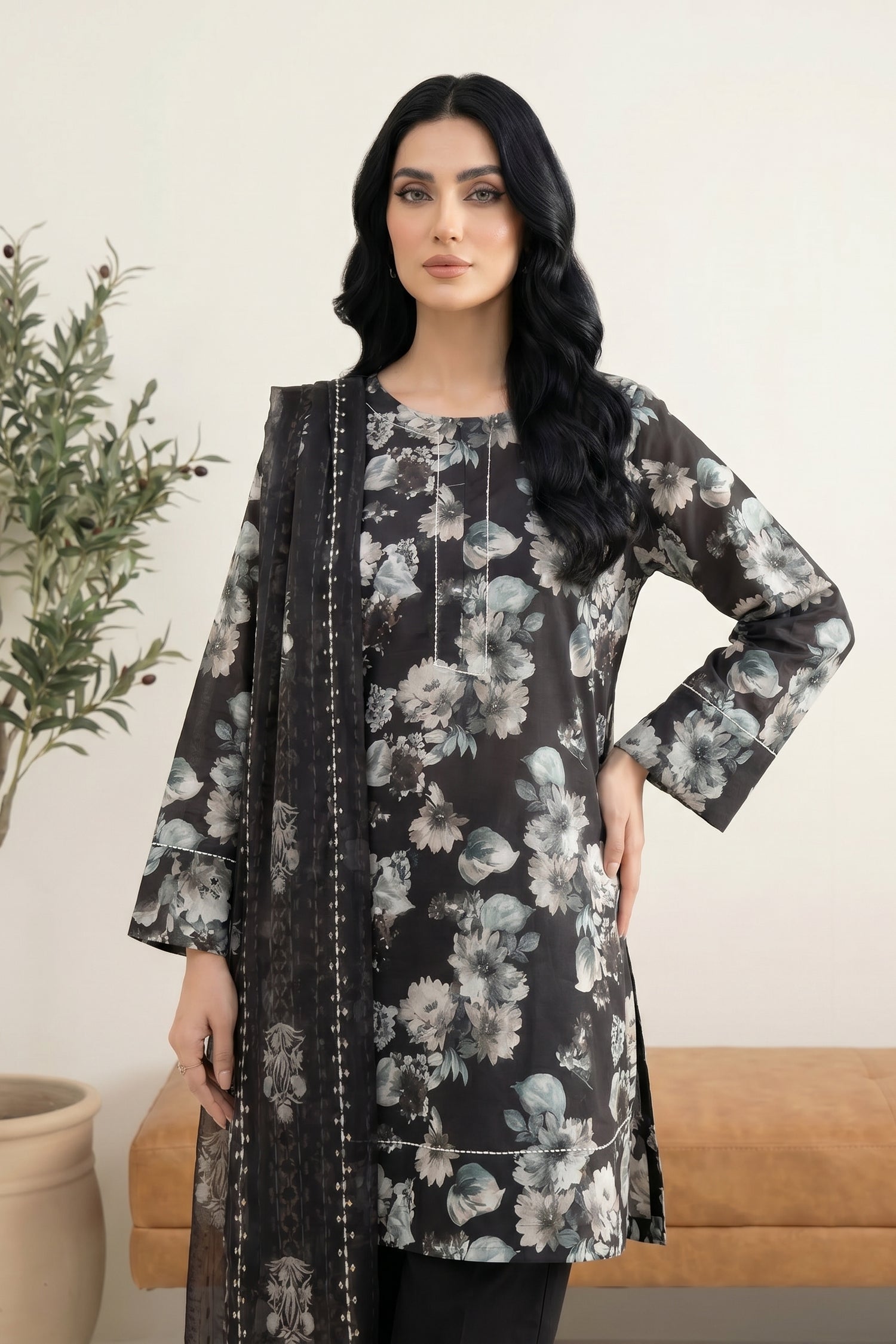 LAKHANY 03 PIECE STITCHED MONOCHROME PRINTED LAWN