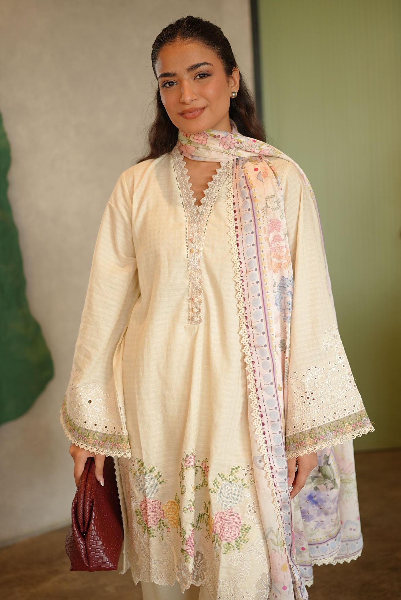 DHANAK SS26DC-2587 - OFF WHITE - COTTON JACQUARD - 2PCS - EMBROIDERED KURTA WITH TROUSER