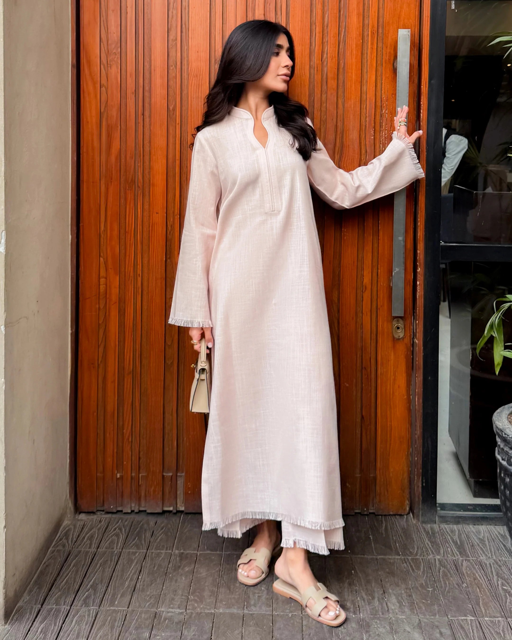 LIGHT PINK LINEN FRINGE SET