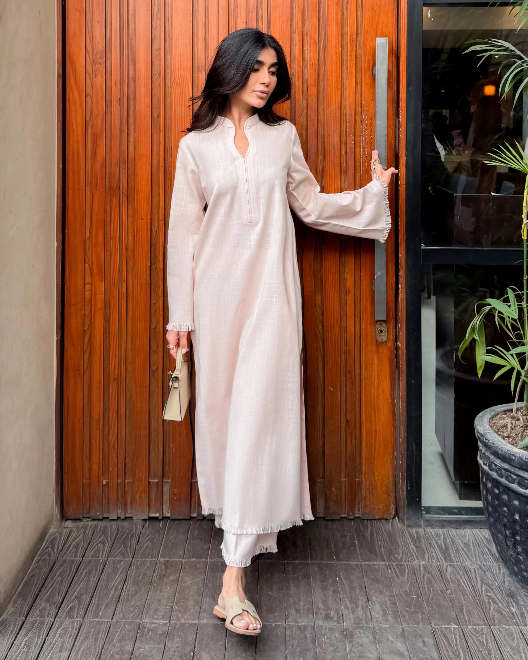 LIGHT PINK LINEN FRINGE SET