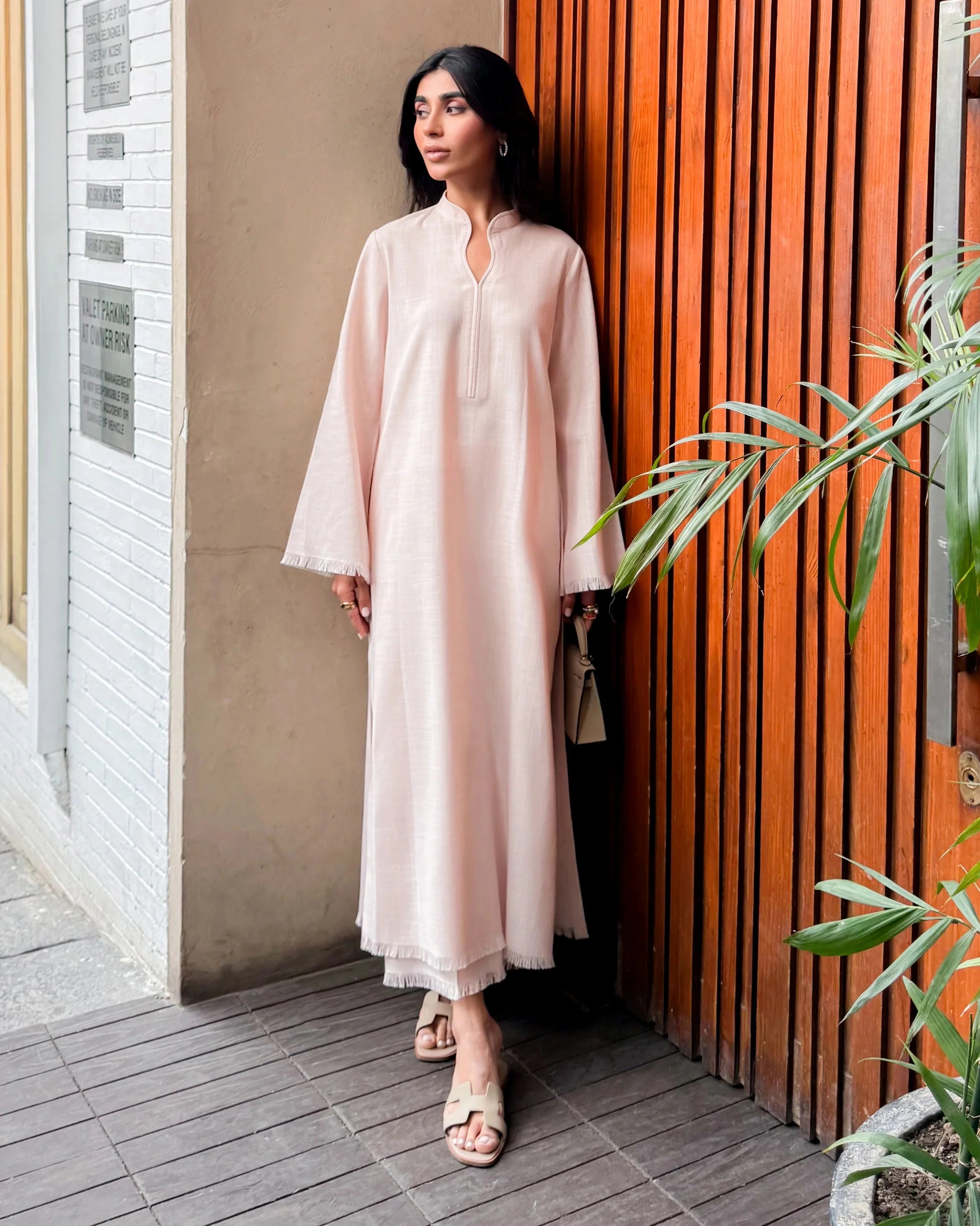 LIGHT PINK LINEN FRINGE SET