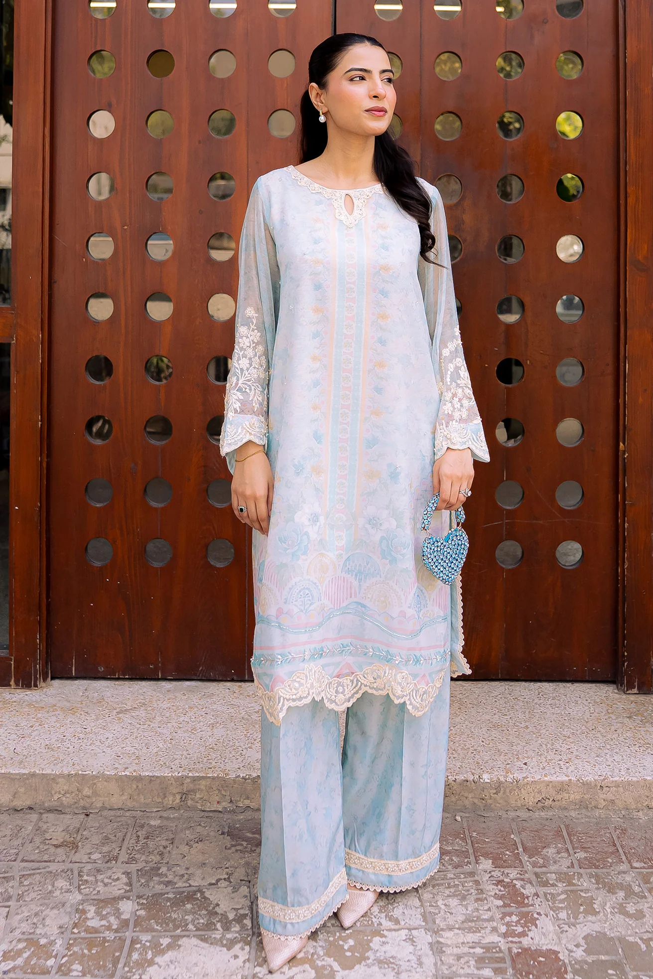 DHANAK FW25DA-2858 SKY BLUE 2PCS EMBROIDERED KURTA WITH TROUSER