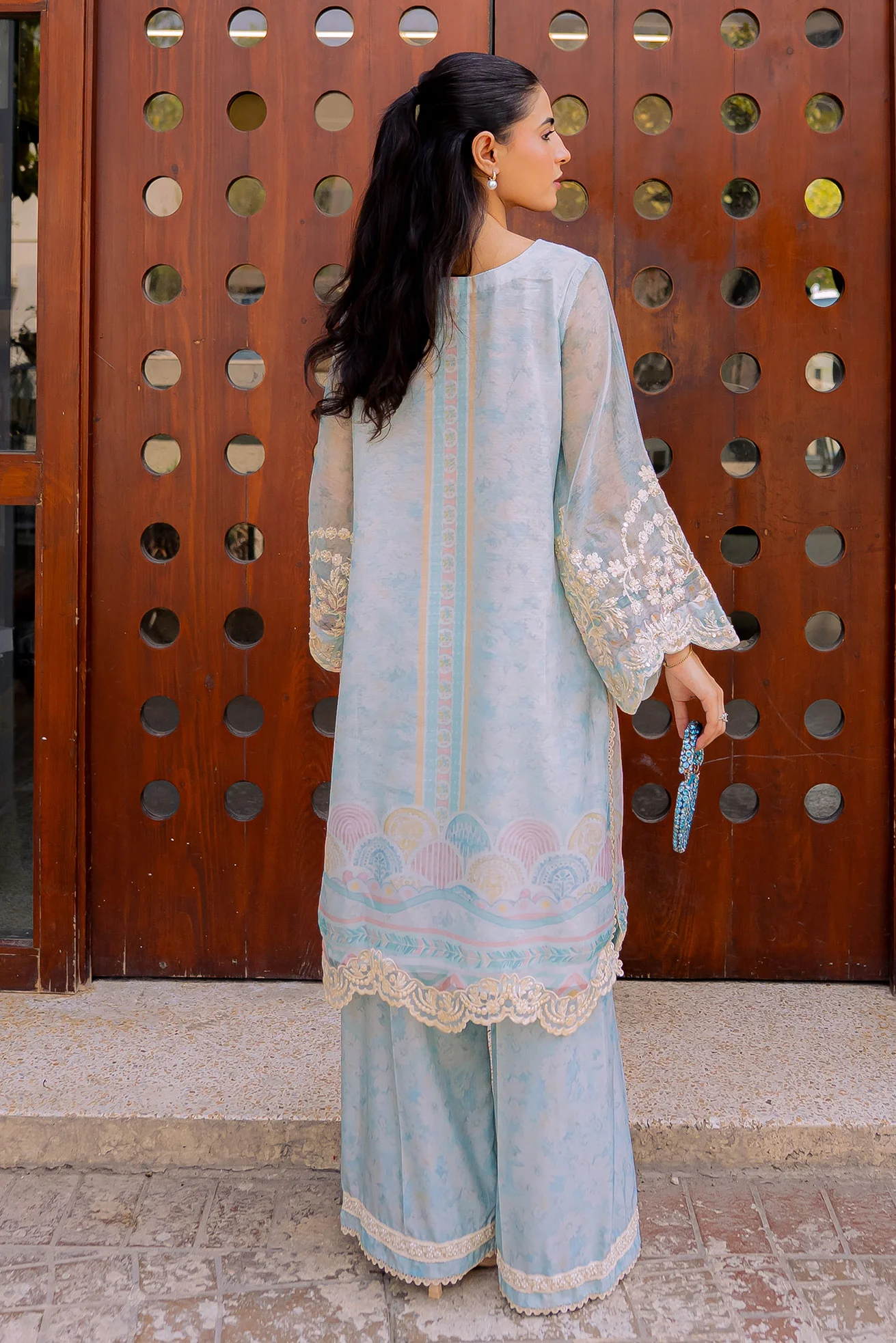 DHANAK FW25DA-2858 SKY BLUE 2PCS EMBROIDERED KURTA WITH TROUSER