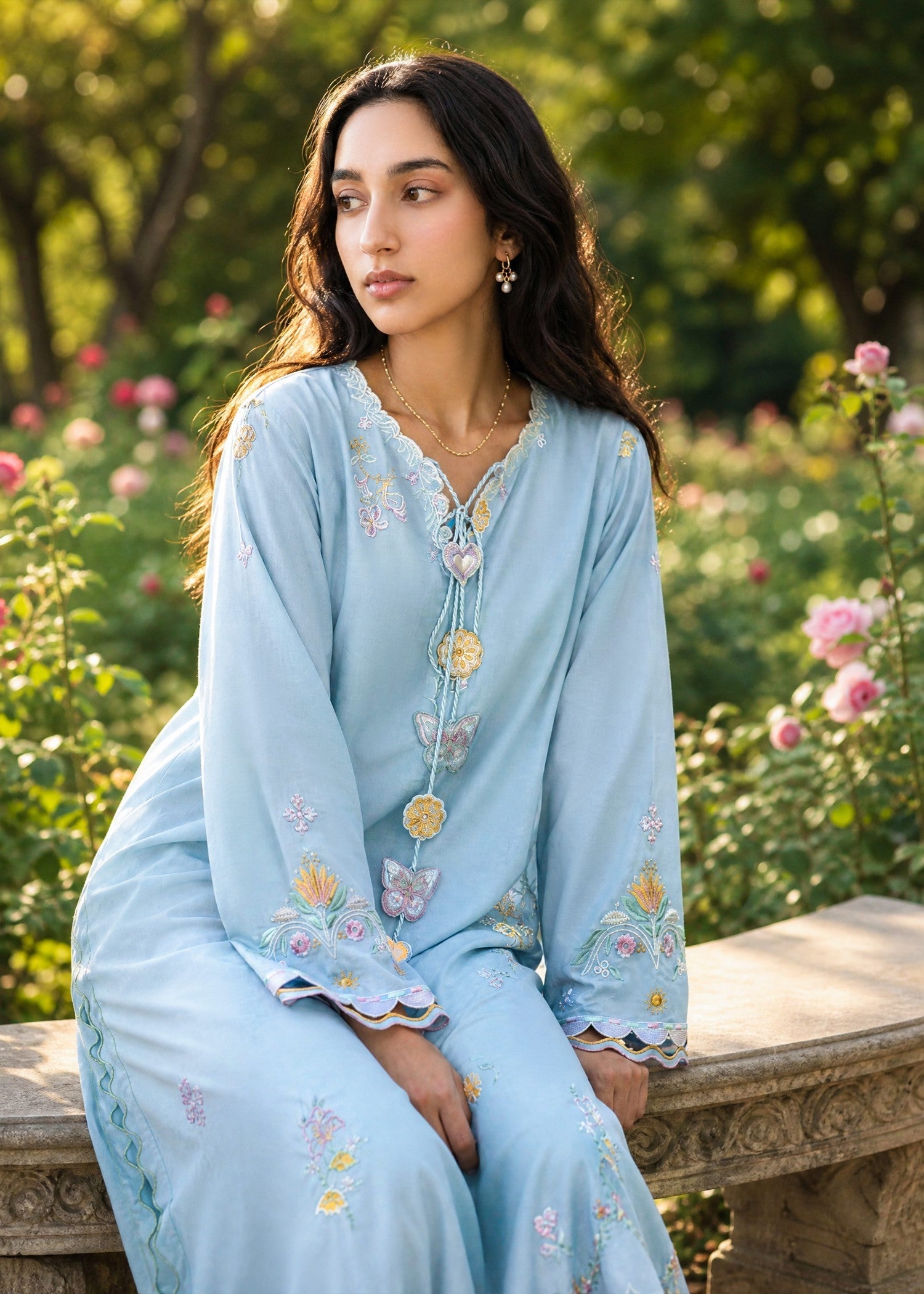 DHANAK SS26DC-2624 SKY BLUE 2PCS EMBROIDERED KURTA WITH TROUSER