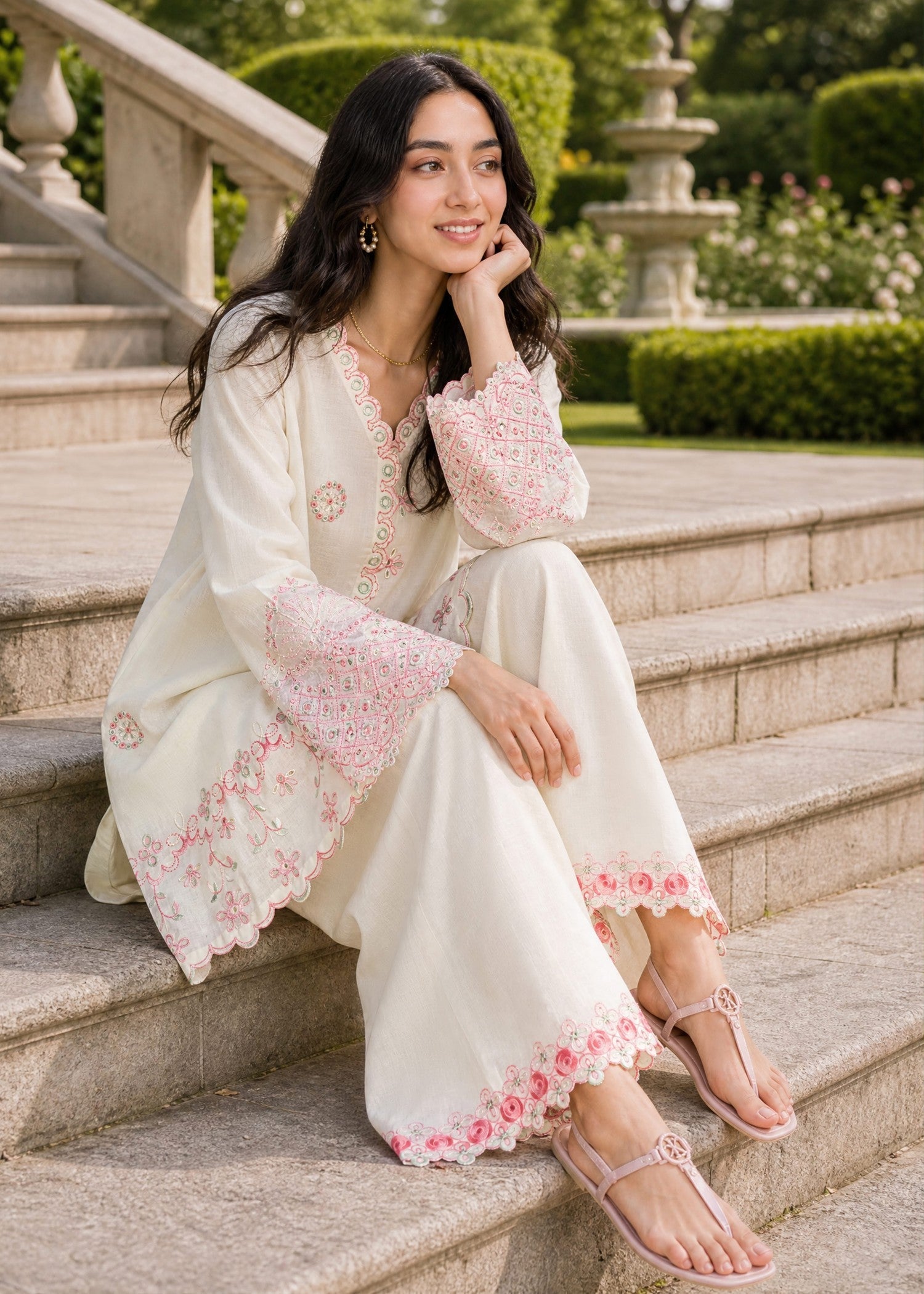 DHANAK SS26DC-2625 OFF WHITE 2PCS EMBROIDERED KURTA WITH TROUSER
