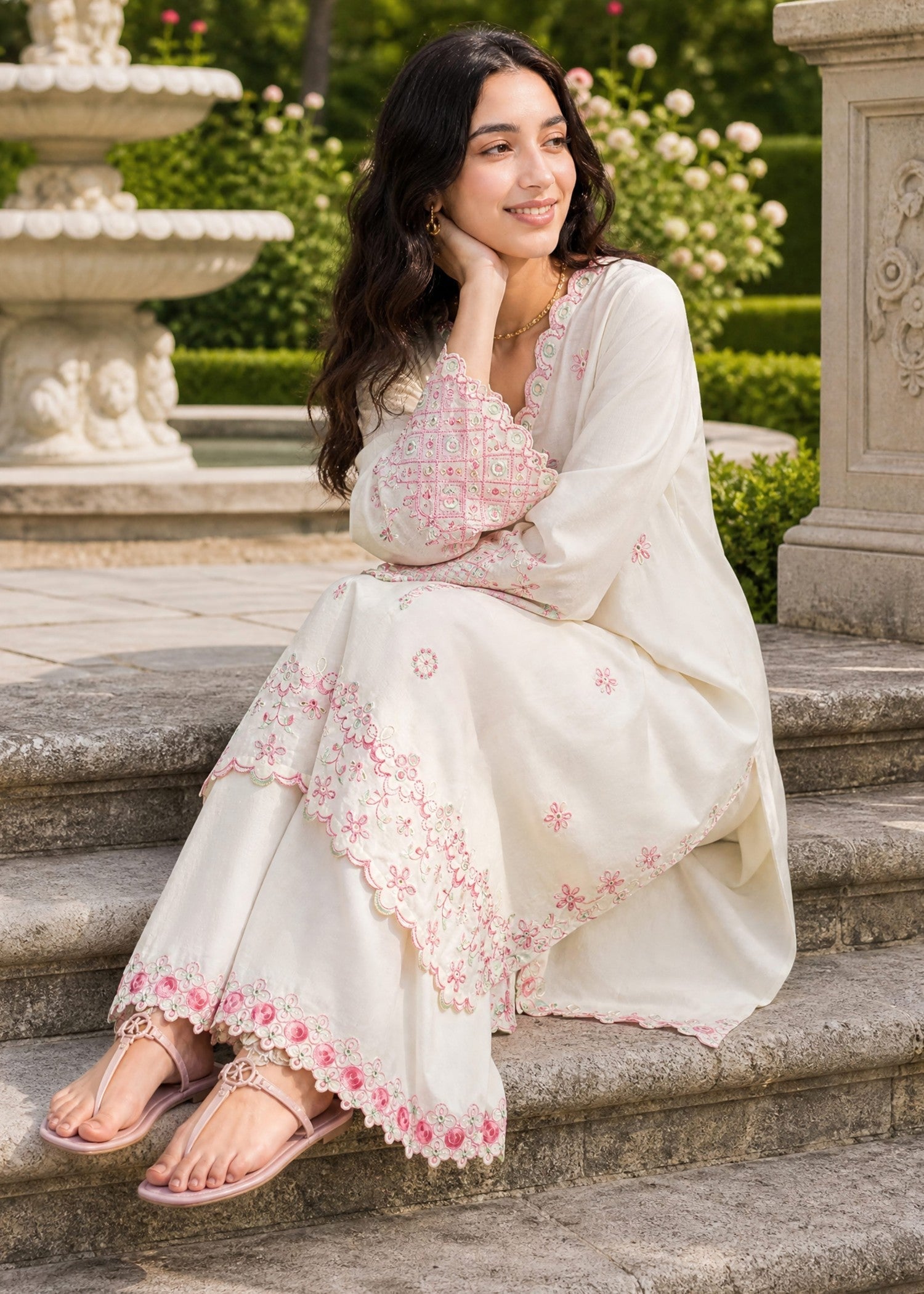 DHANAK SS26DC-2625 OFF WHITE 2PCS EMBROIDERED KURTA WITH TROUSER
