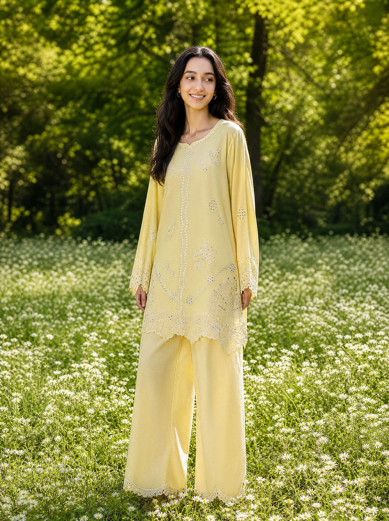 DHANAK SS26DC-2621 YELLOW 2PCS EMBROIDERED KURTA WITH TROUSER
