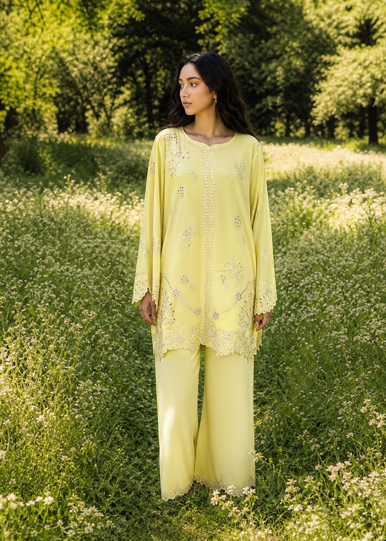DHANAK SS26DC-2621 YELLOW 2PCS EMBROIDERED KURTA WITH TROUSER