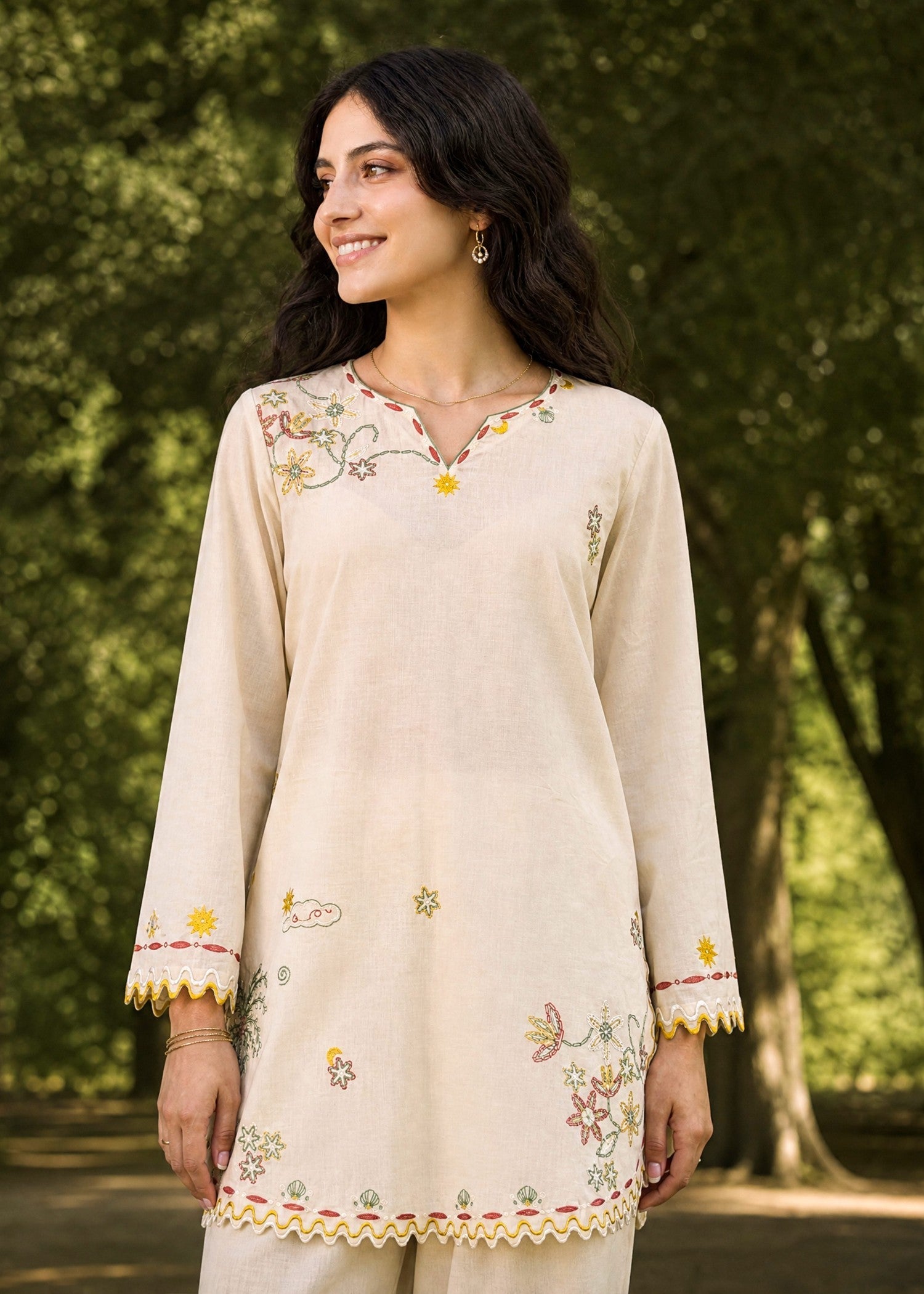 DHANAK SS26DC-2622 CREAM 2PCS EMBROIDERED KURTA WITH TROUSER