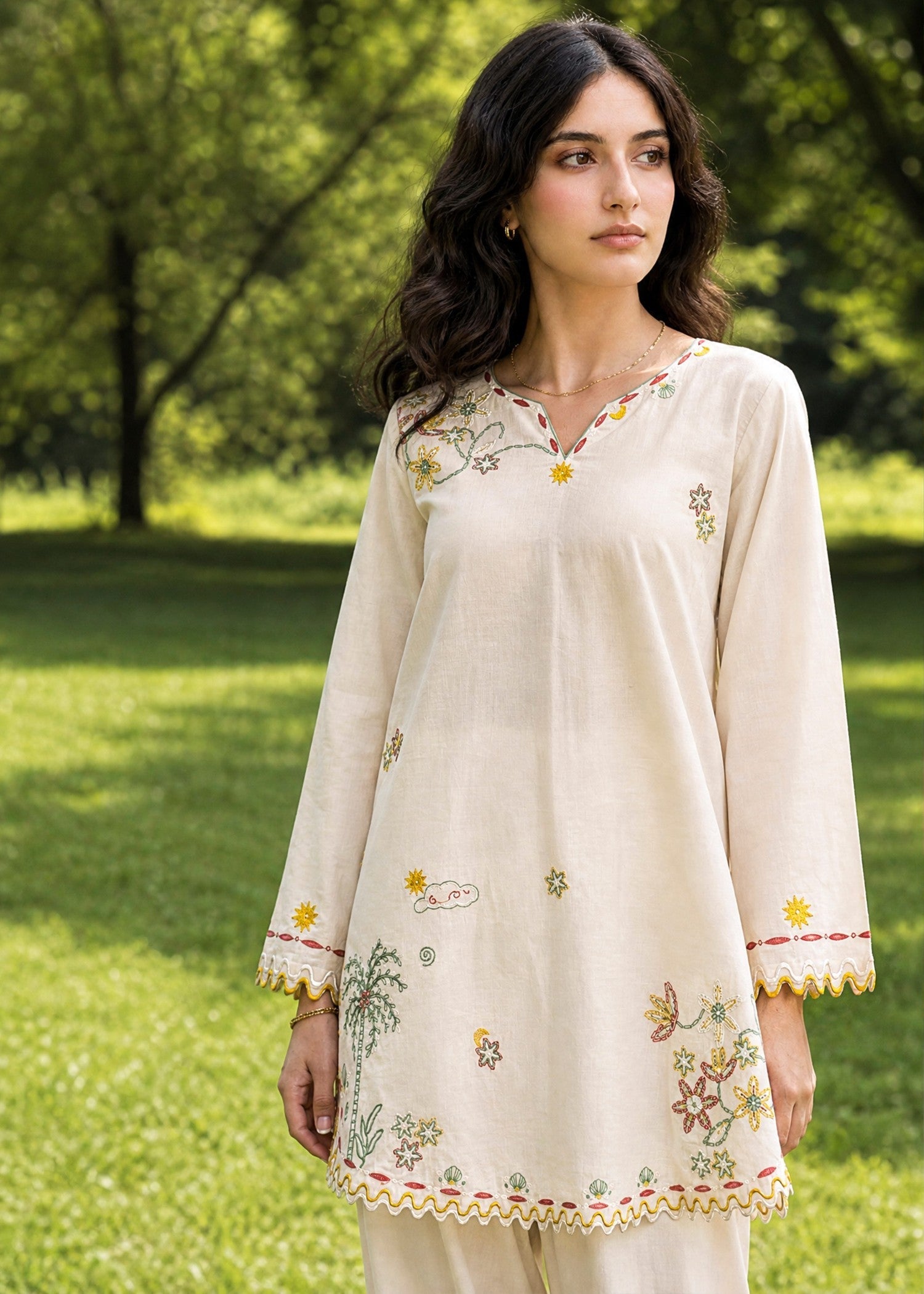 DHANAK SS26DC-2622 CREAM 2PCS EMBROIDERED KURTA WITH TROUSER