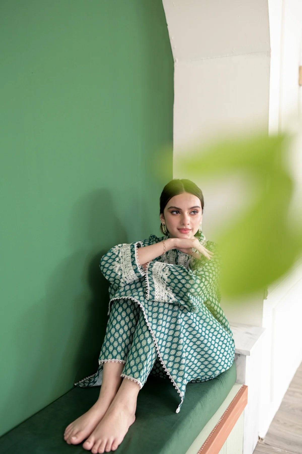 EMERALD GREEN FALL EMBROIDERED SET NPA2-23341