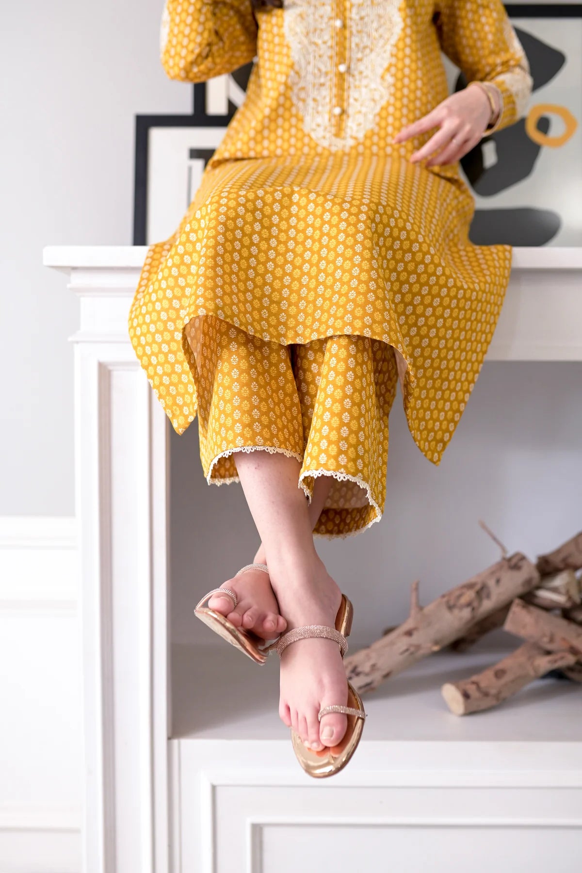 MUSTARD EMBROIDERED FALL SET NPA2-23334