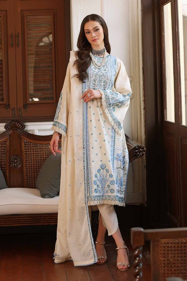 3PC EMBROIDERED DOBBY UNSTITCHED SUIT WITH EMBROIDERED COTTON NET DUPATTA PM-42030
