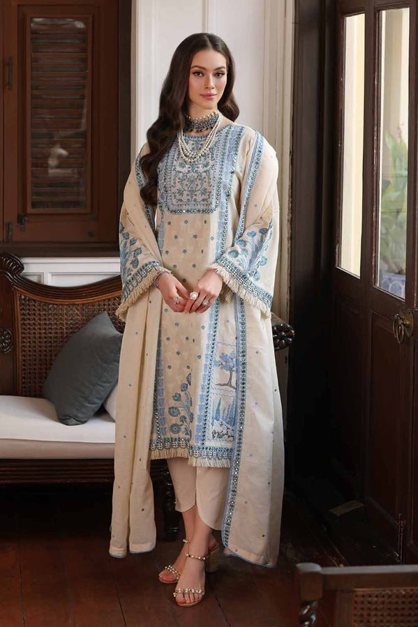 3PC EMBROIDERED DOBBY UNSTITCHED SUIT WITH EMBROIDERED COTTON NET DUPATTA PM-42030