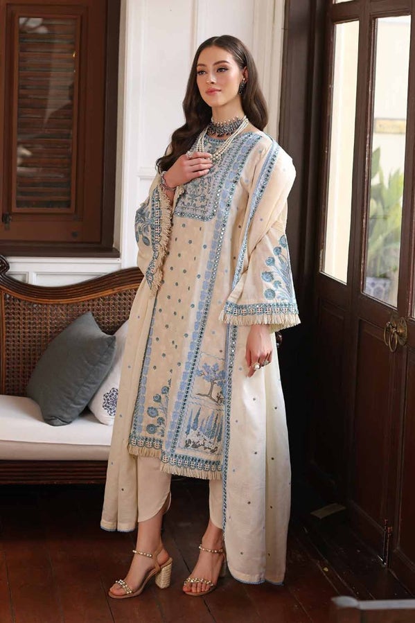 3PC EMBROIDERED DOBBY UNSTITCHED SUIT WITH EMBROIDERED COTTON NET DUPATTA PM-42030