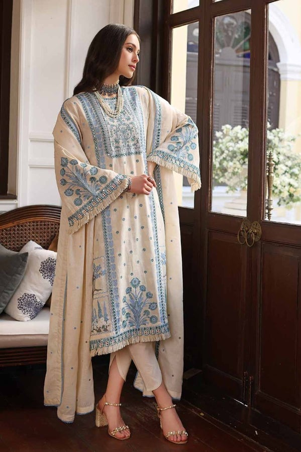3PC EMBROIDERED DOBBY UNSTITCHED SUIT WITH EMBROIDERED COTTON NET DUPATTA PM-42030
