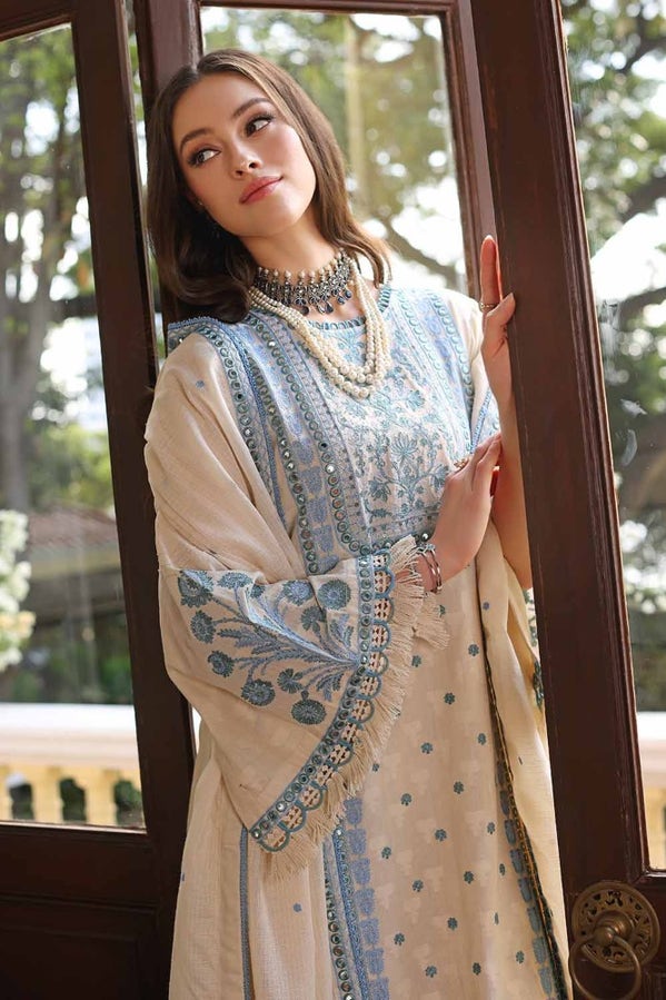 3PC EMBROIDERED DOBBY UNSTITCHED SUIT WITH EMBROIDERED COTTON NET DUPATTA PM-42030