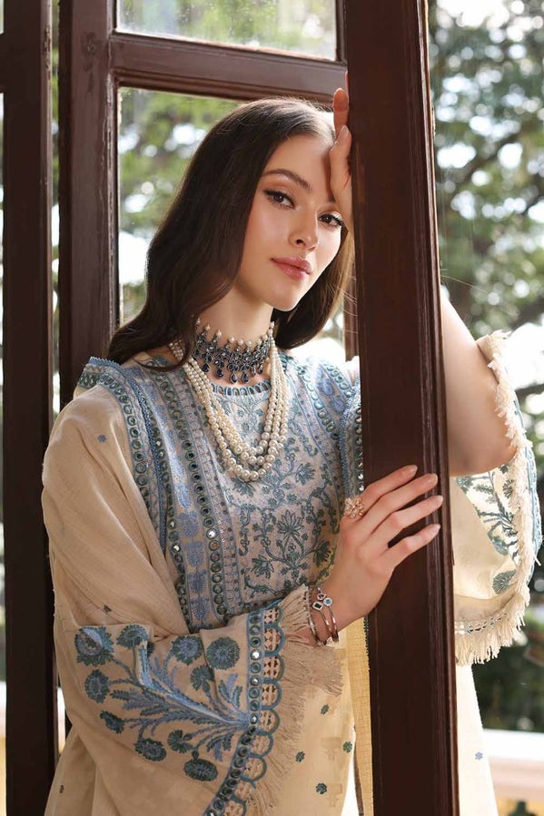 3PC EMBROIDERED DOBBY UNSTITCHED SUIT WITH EMBROIDERED COTTON NET DUPATTA PM-42030
